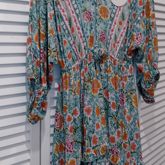 UMGEE Mint Mix Floral Balloon Sleeve Ruffle Trim Dress Elastic Waist, Medium - Picture 5 of 6